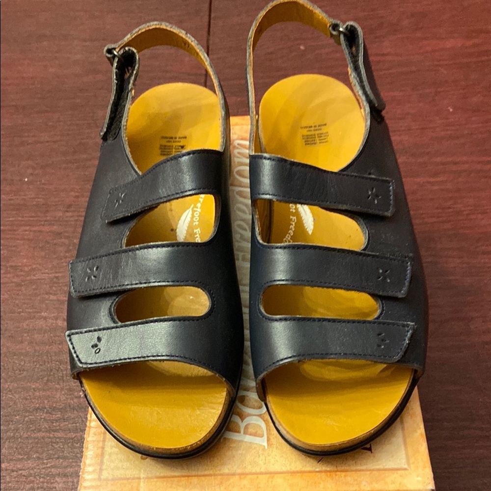 Barefoot Freedom Drew Navy Leather Sandals with Yellow Soles